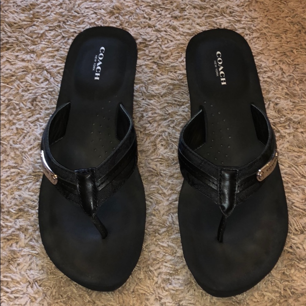 Coach black logo thong sandal wedge size 9.5